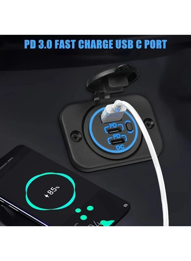 شاحن سيارة سريع 60 واط ضوء أخضر مع منفذ USB C PD ومنفذي QC3.0 مزدوجين، مفتاح لمس، هيكل ألومنيوم، يشمل كابل وصمام حماية. - Image 3